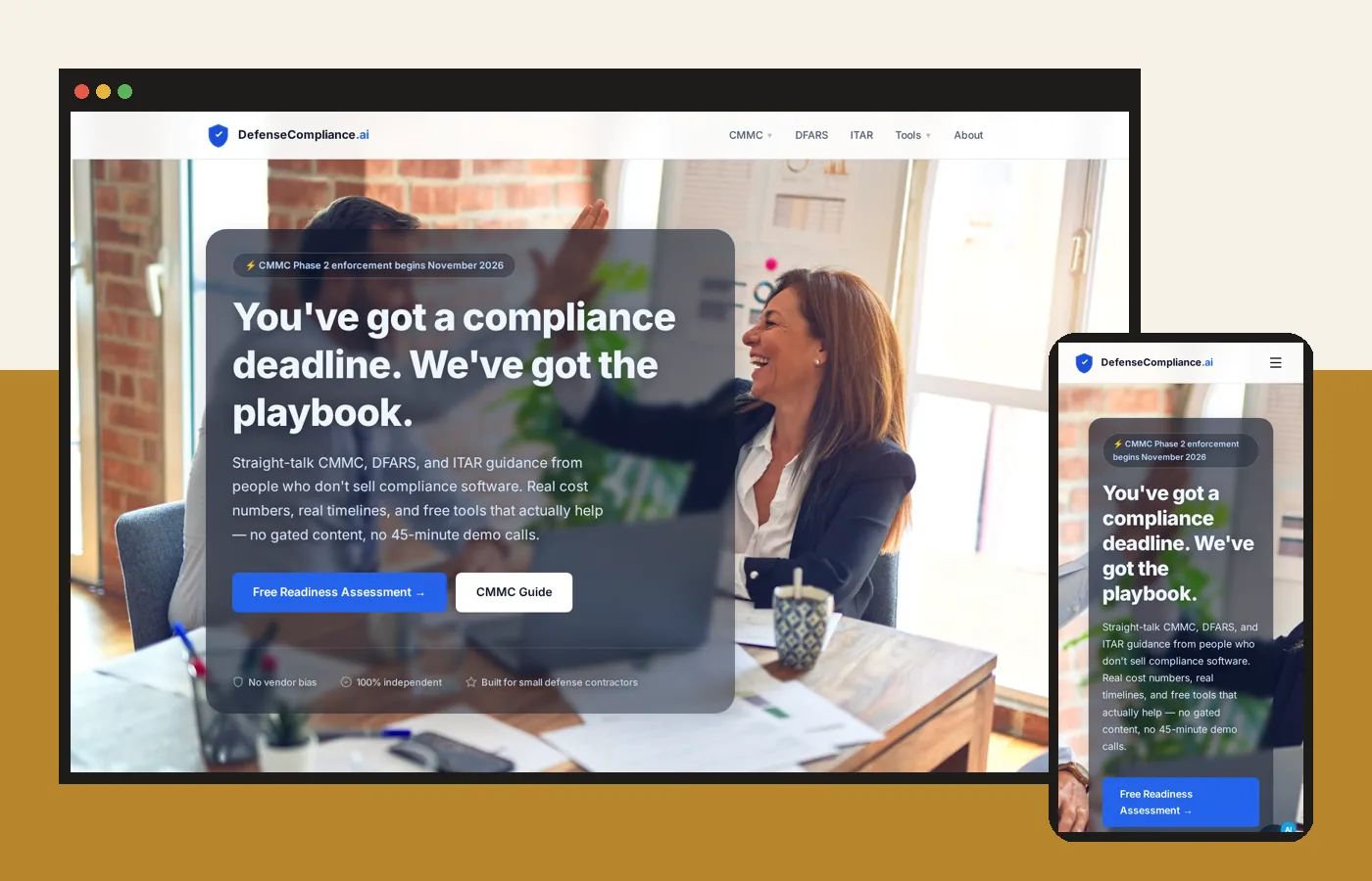 DefenseCompliance.ai website on a laptop and phone