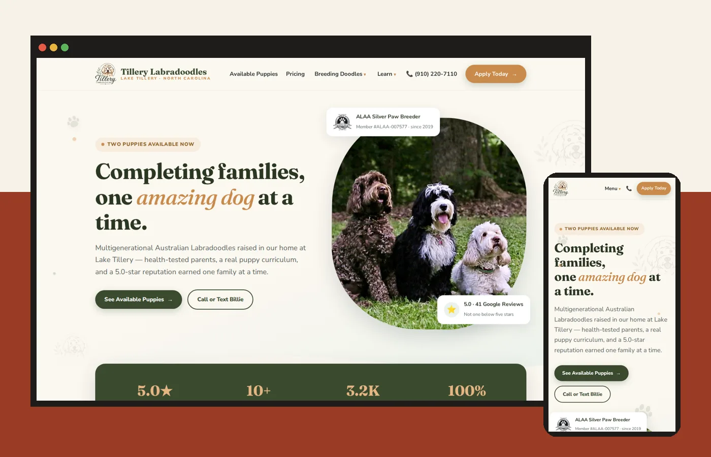 Tillery Labradoodles website on a laptop and phone